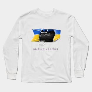 Cartoon black cat in the package and the inscription "Packing Checker". Long Sleeve T-Shirt